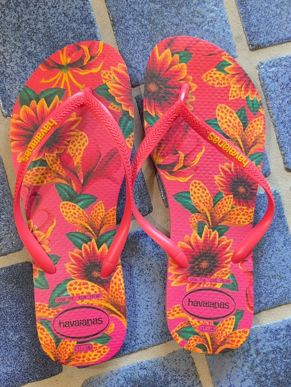 Havaianas Bright Coral Flip Flops with Yellow Floral Print